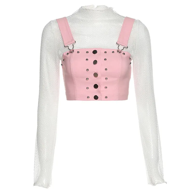 2021 gothic kawaii slim fit lace top crop suspender vest fake 2 pc rivet deco