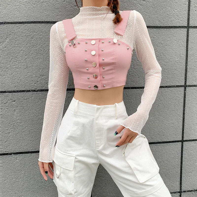 2021 gothic kawaii slim fit lace top crop suspender vest fake 2 pc rivet deco