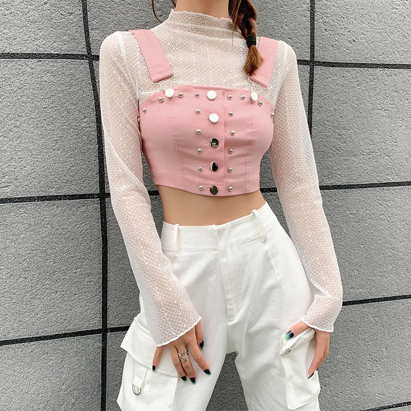2021 gothic kawaii slim fit lace top crop suspender vest fake 2 pc rivet deco