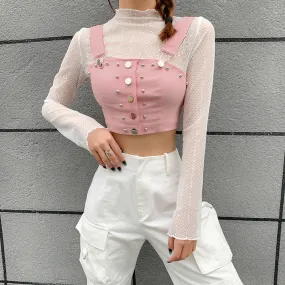2021 gothic kawaii slim fit lace top crop suspender vest fake 2 pc rivet deco