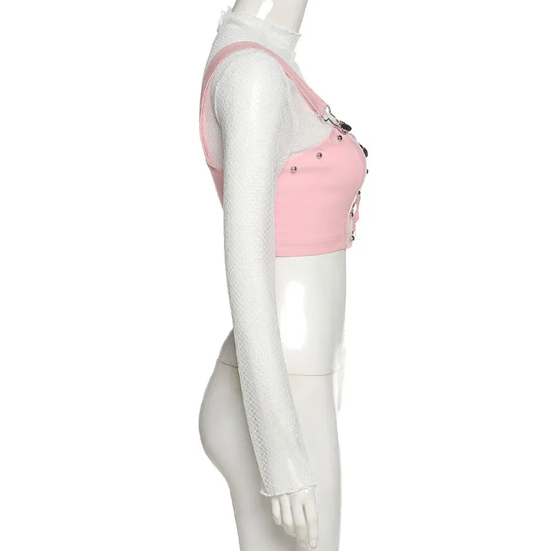 2021 gothic kawaii slim fit lace top crop suspender vest fake 2 pc rivet deco