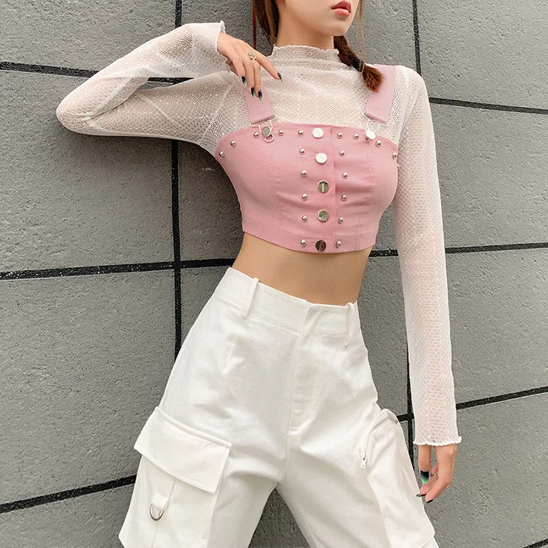 2021 gothic kawaii slim fit lace top crop suspender vest fake 2 pc rivet deco