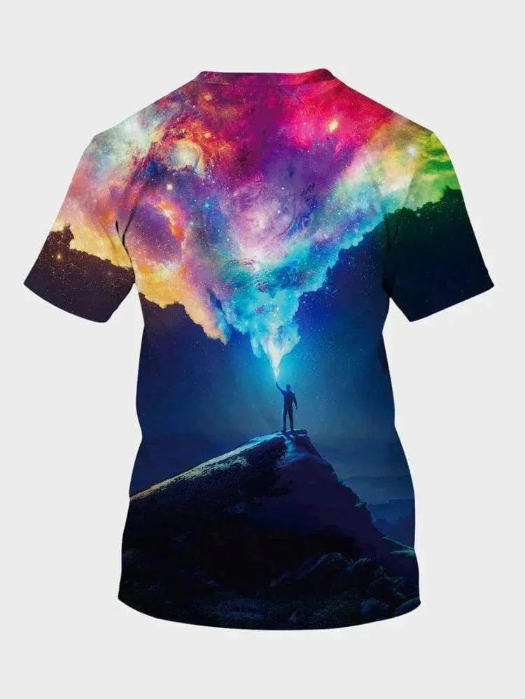 3D Galaxy & Figure Graphic Print Short Sleeve Tshirt for Men
