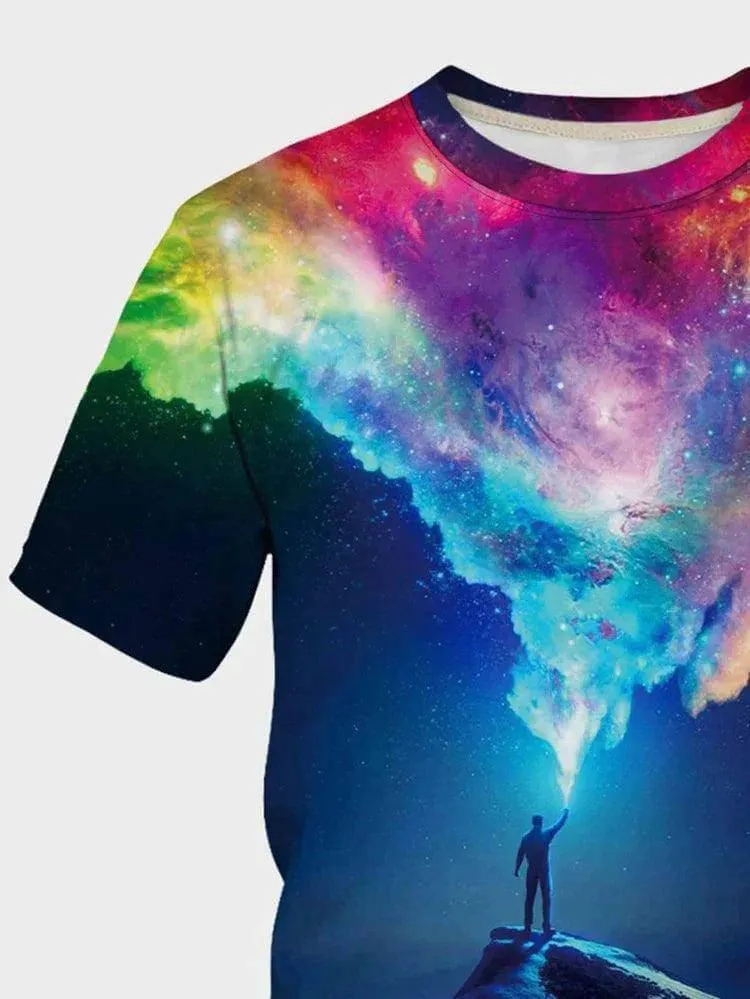 3D Galaxy & Figure Graphic Print Short Sleeve Tshirt for Men