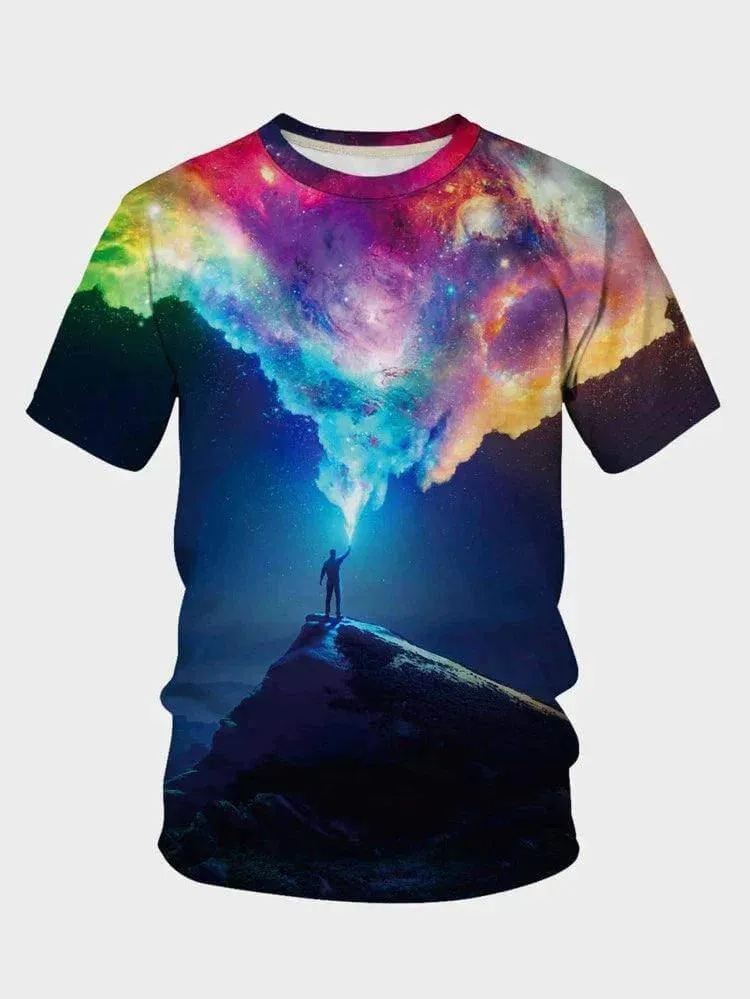 3D Galaxy & Figure Graphic Print Short Sleeve Tshirt for Men