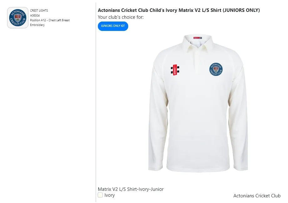 Actonians Cricket Club Child's Ivory Matrix V2 L/S Shirt (JUNIORS ONLY)
