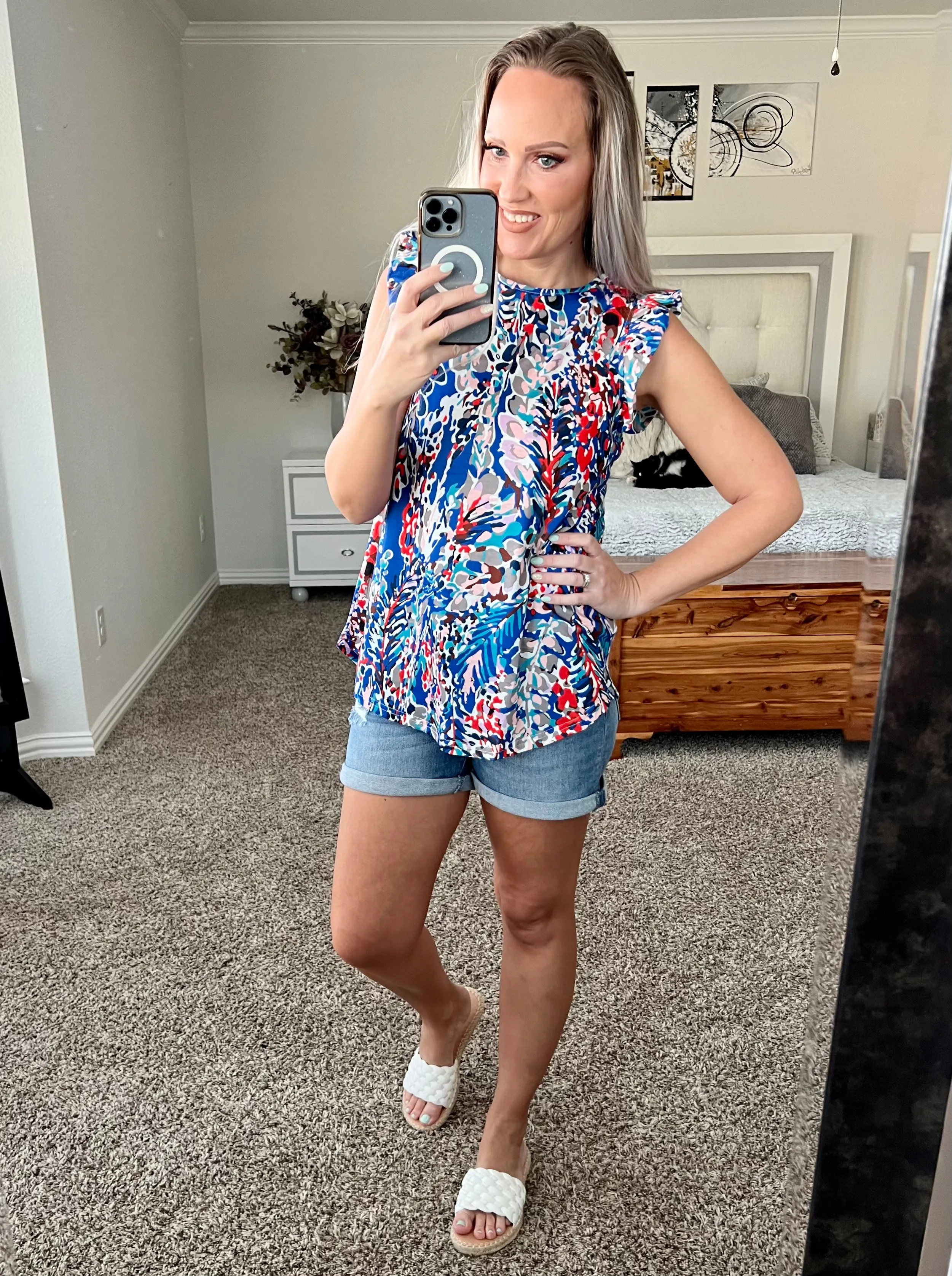 Annalia Abstract Print Ruffle Shoulder Top