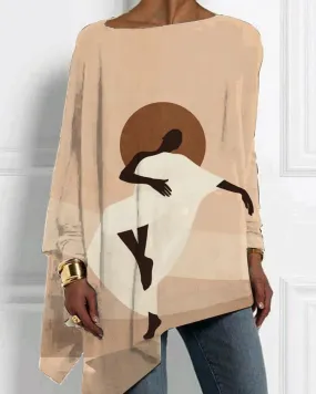 Art Contrasting Black Print Irregular Hem Top