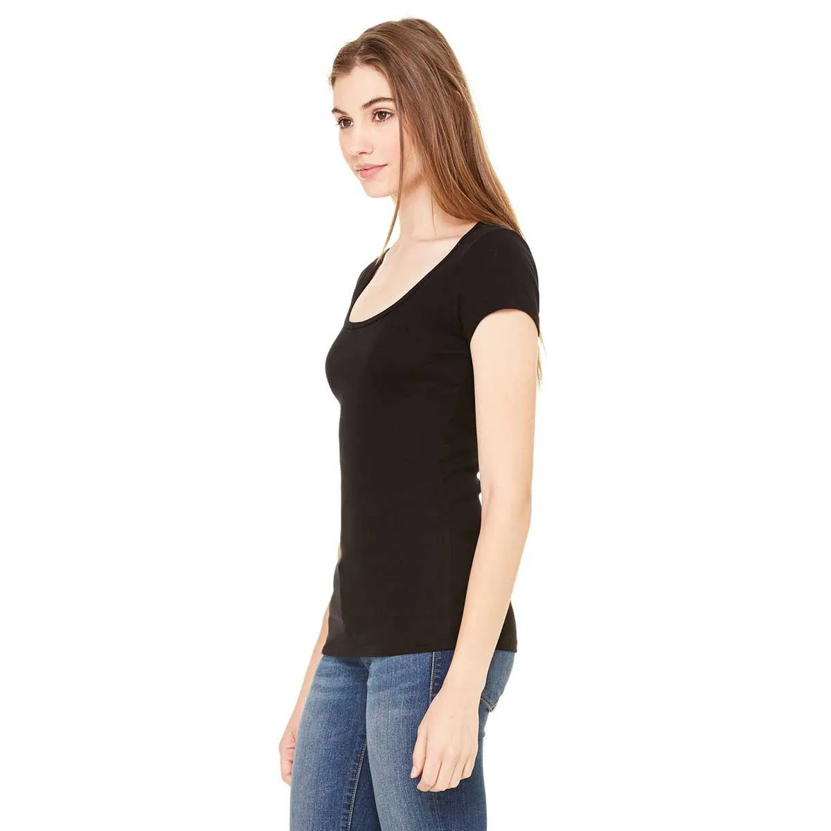 Bella   Canvas Women's Black Sheer Mini Rib Short-Sleeve Scoop Neck T-Shirt