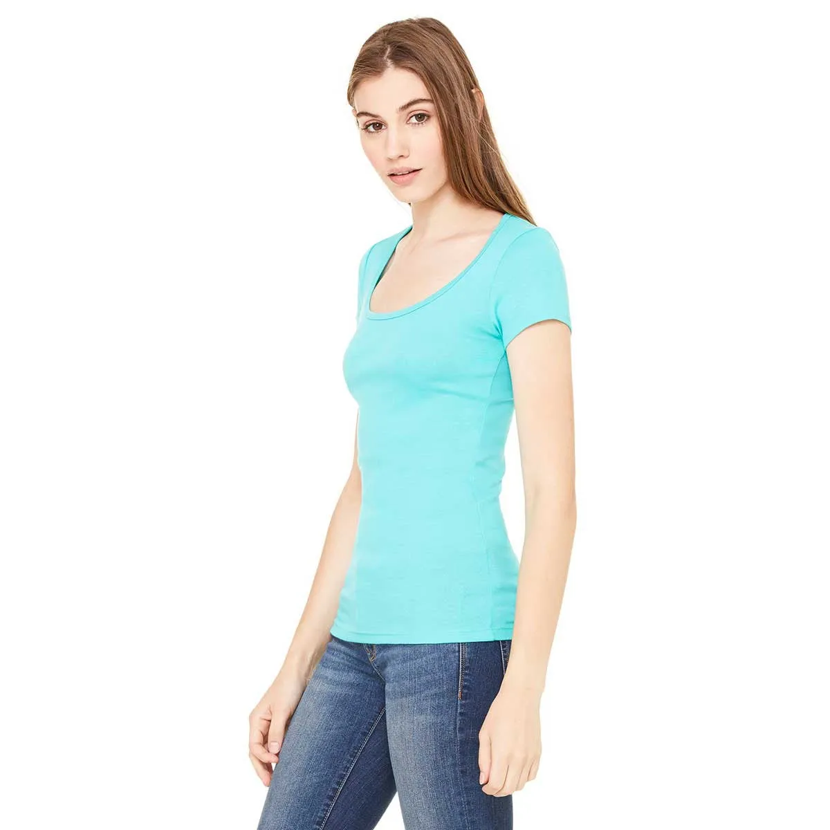 Bella   Canvas Women's Teal Sheer Mini Rib Short-Sleeve Scoop Neck T-Shirt