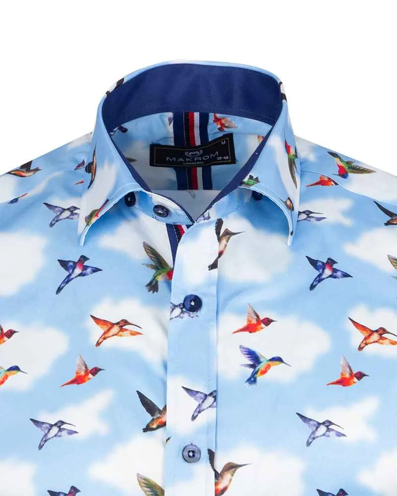 Blue Colourful Mockingbird Print Short Sleeve Shirt