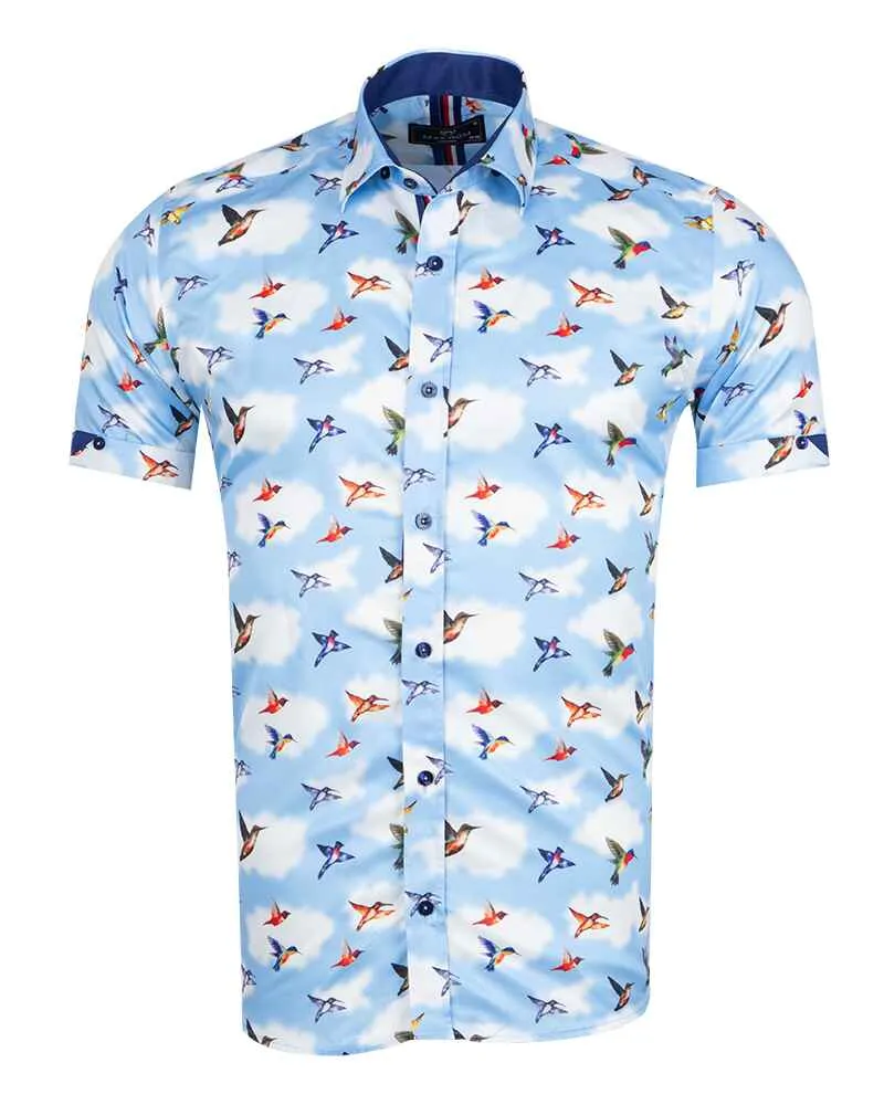 Blue Colourful Mockingbird Print Short Sleeve Shirt
