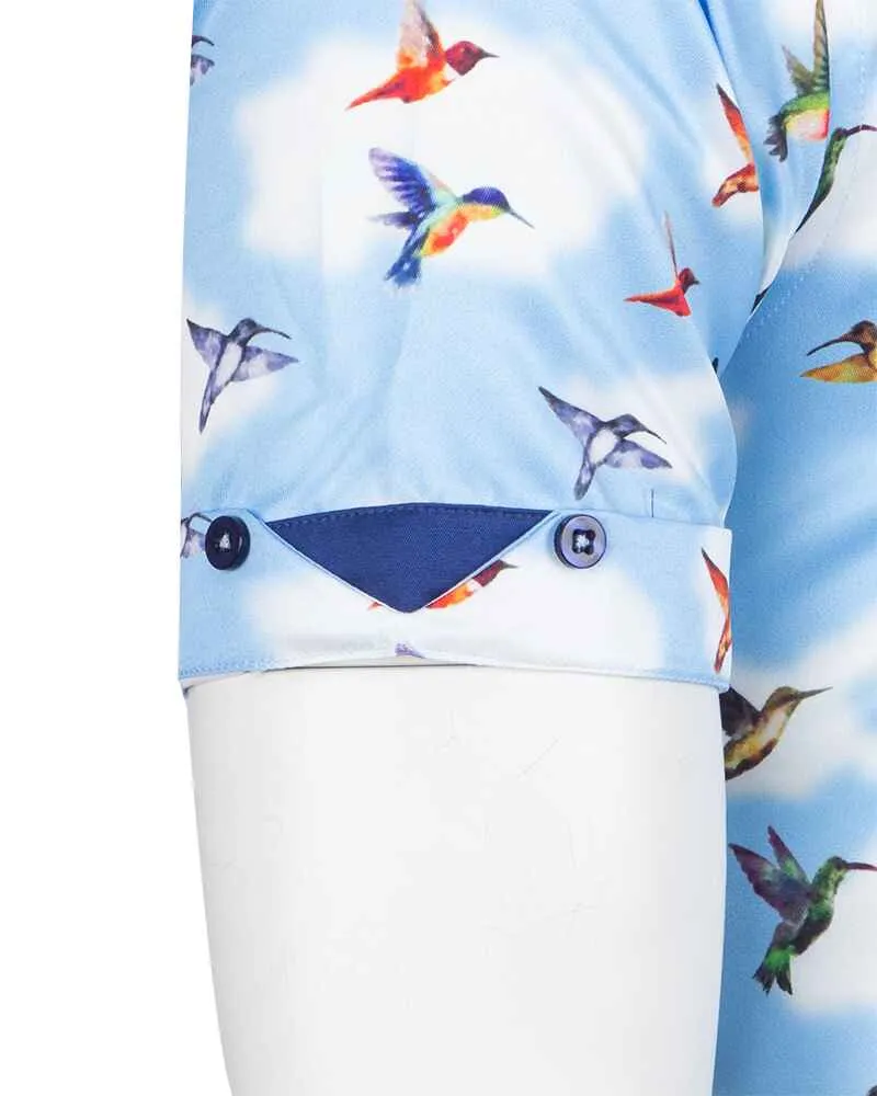 Blue Colourful Mockingbird Print Short Sleeve Shirt