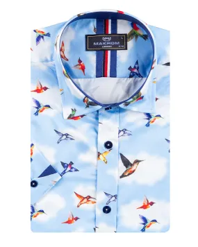 Blue Colourful Mockingbird Print Short Sleeve Shirt