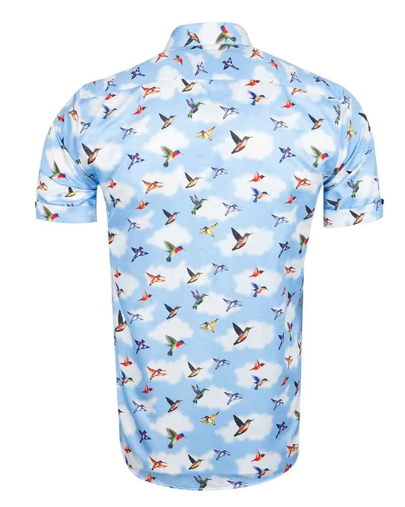 Blue Colourful Mockingbird Print Short Sleeve Shirt