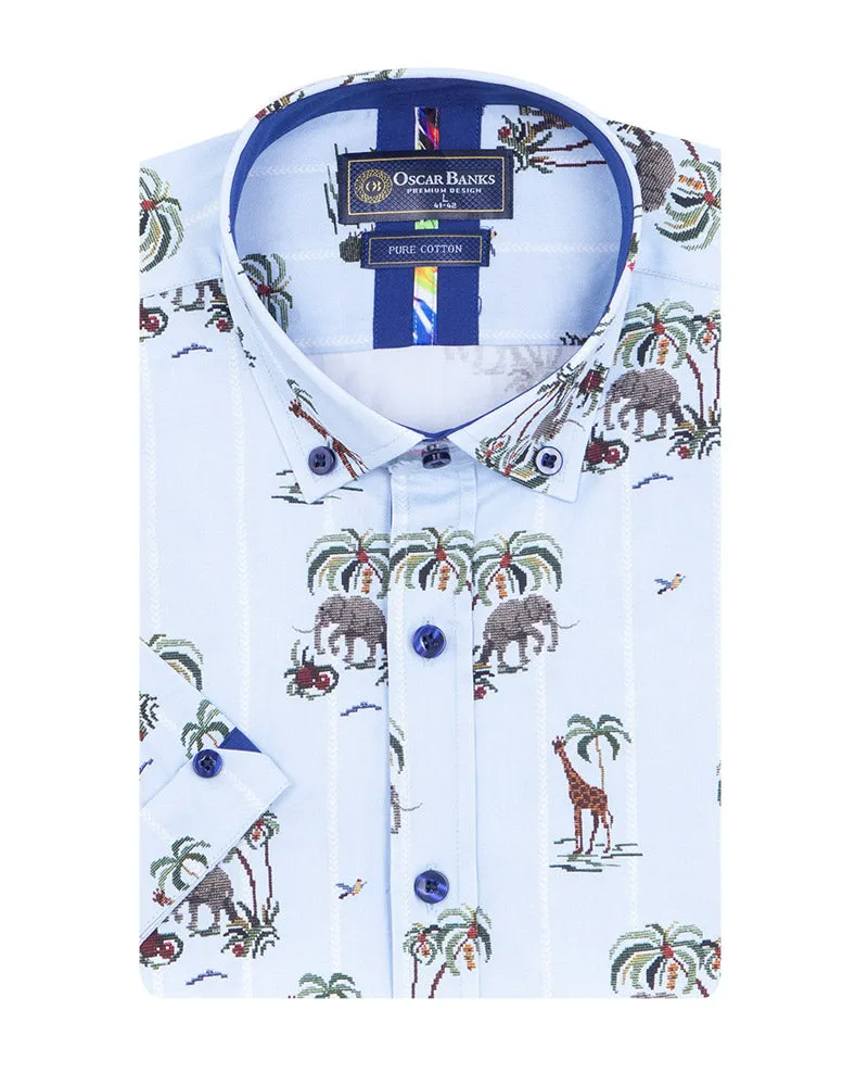 Blue Tropical Animals Print Short Sleeve Shirt