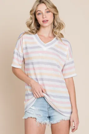 BOMBOM Striped V-Neck Short Sleeve T-Shirt BOMBOM Striped V-Neck Short Sleeve T-Shirt