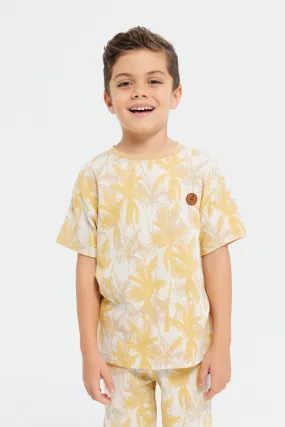 Boys Beige Printed Short Sleeve T-Shirt