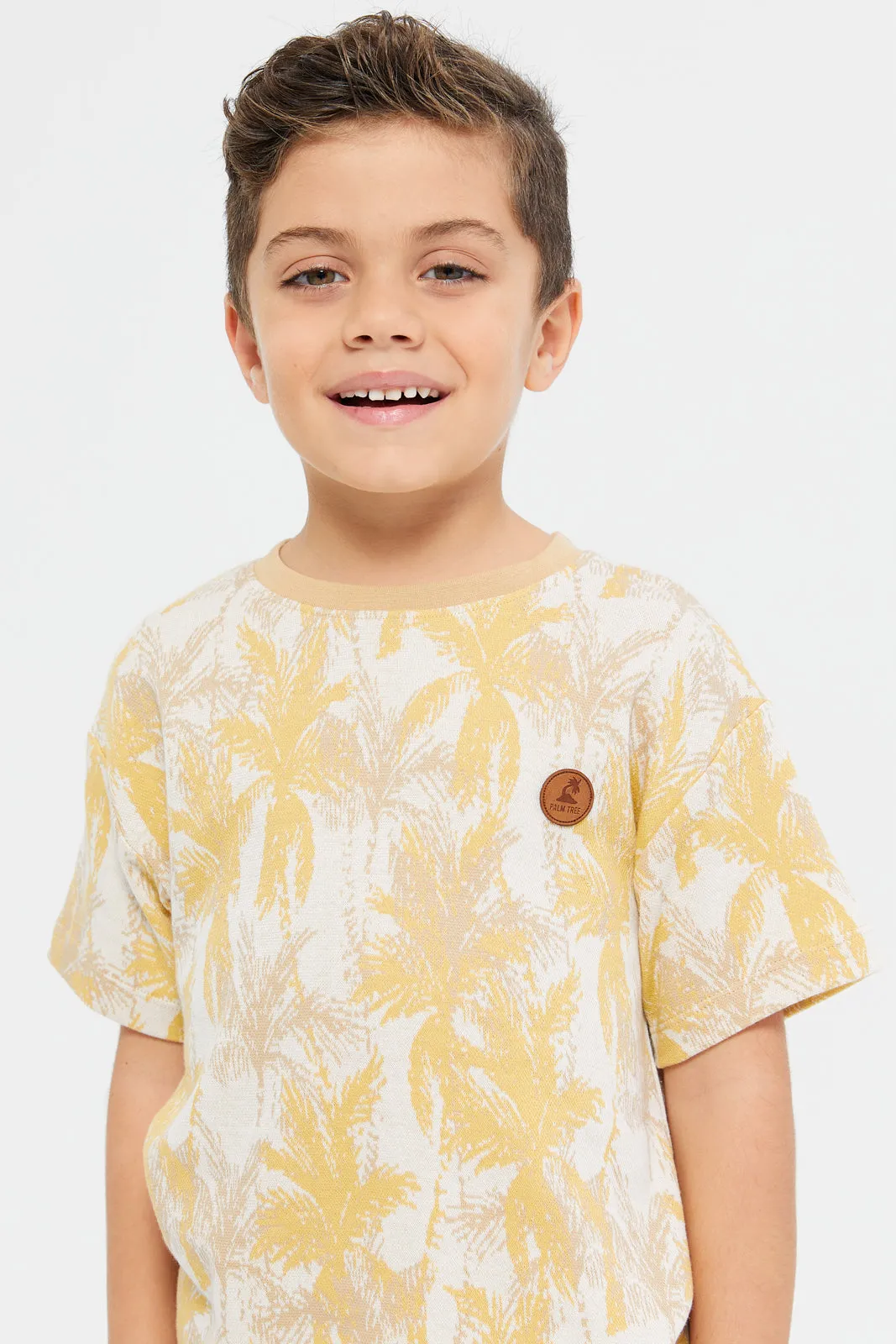 Boys Beige Printed Short Sleeve T-Shirt