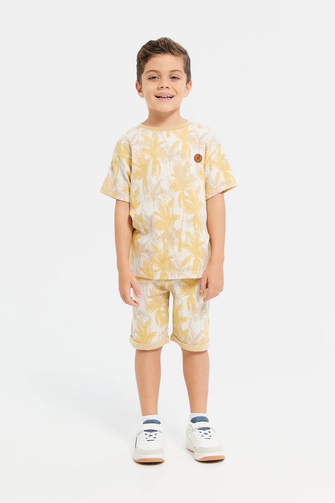 Boys Beige Printed Short Sleeve T-Shirt