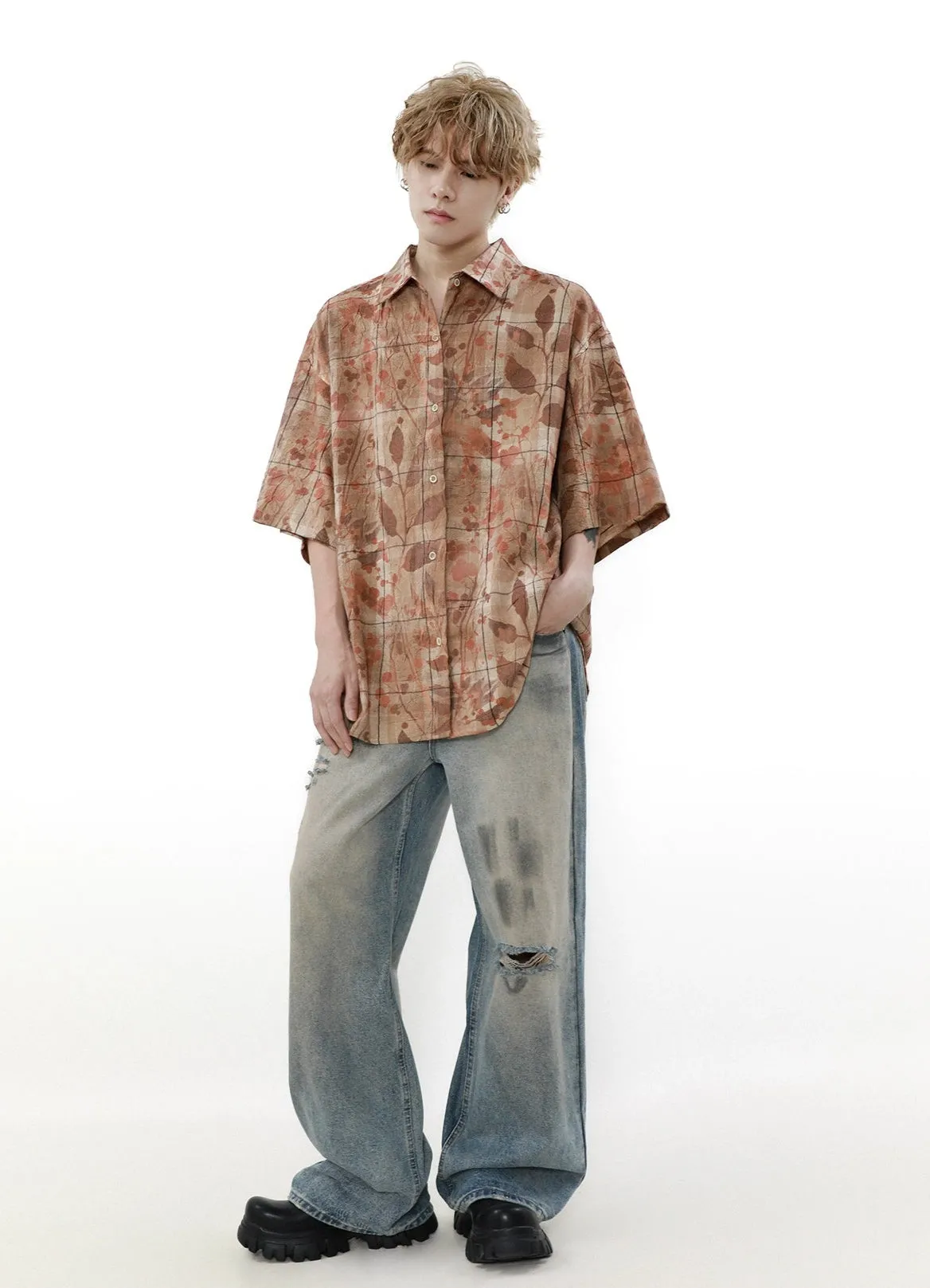 Checkered Leaf Print Oversized Short Sleeve Button Shirt