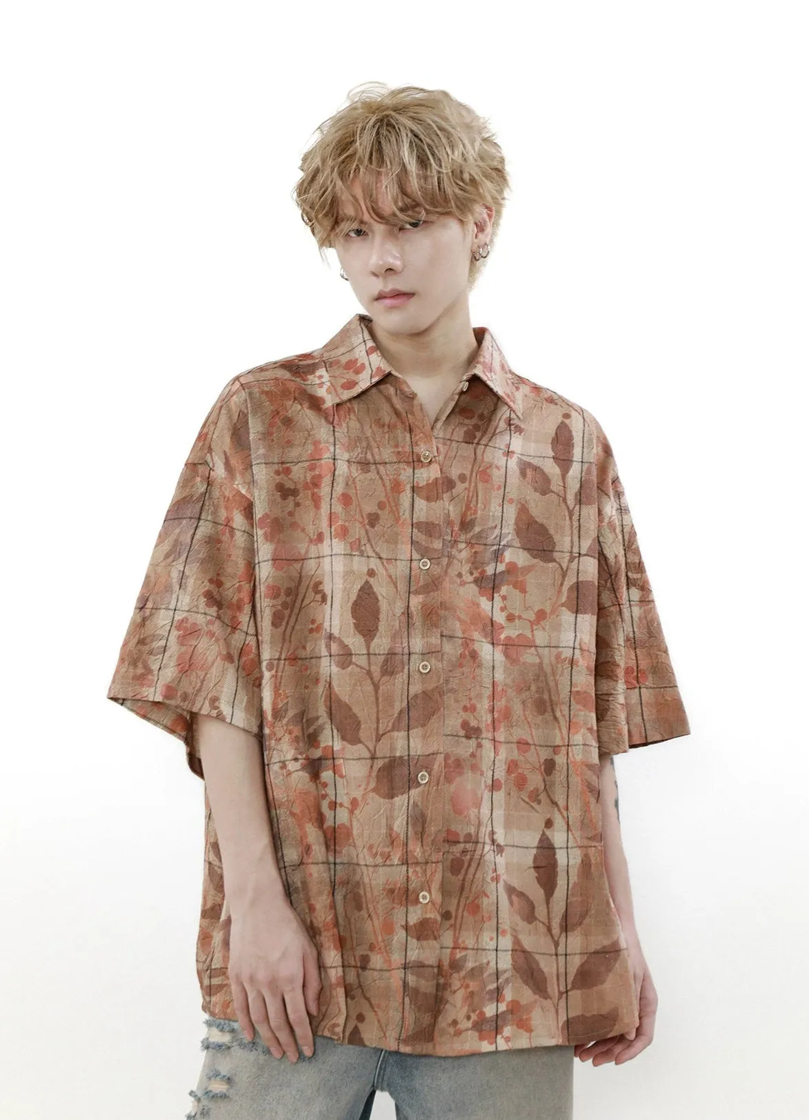 Checkered Leaf Print Oversized Short Sleeve Button Shirt