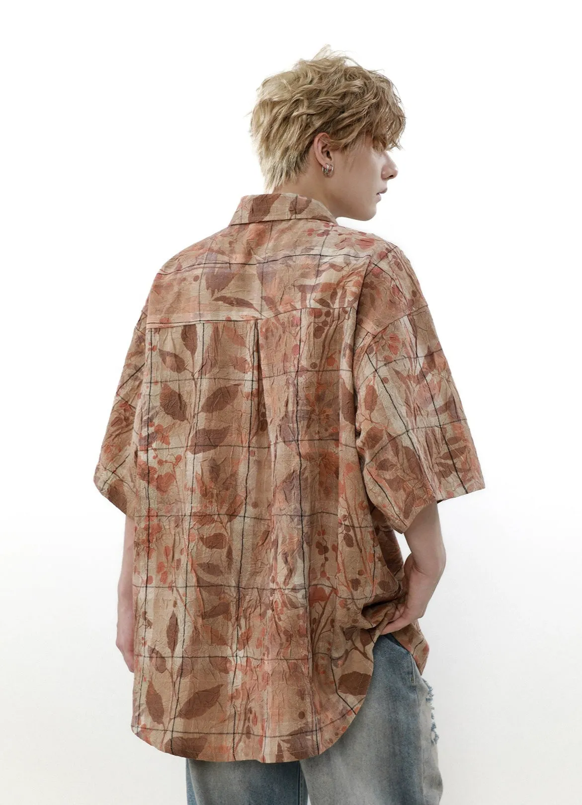 Checkered Leaf Print Oversized Short Sleeve Button Shirt