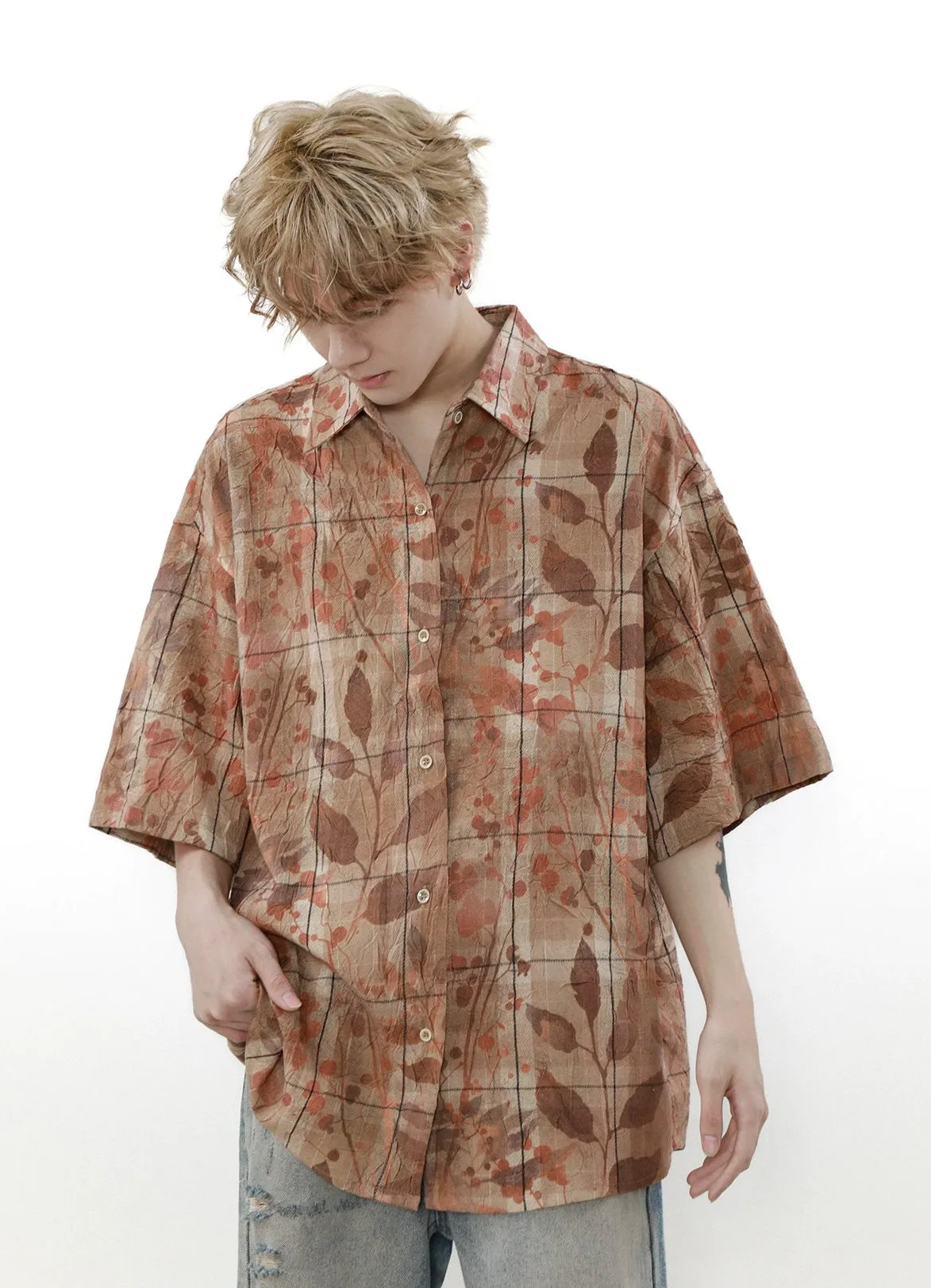 Checkered Leaf Print Oversized Short Sleeve Button Shirt