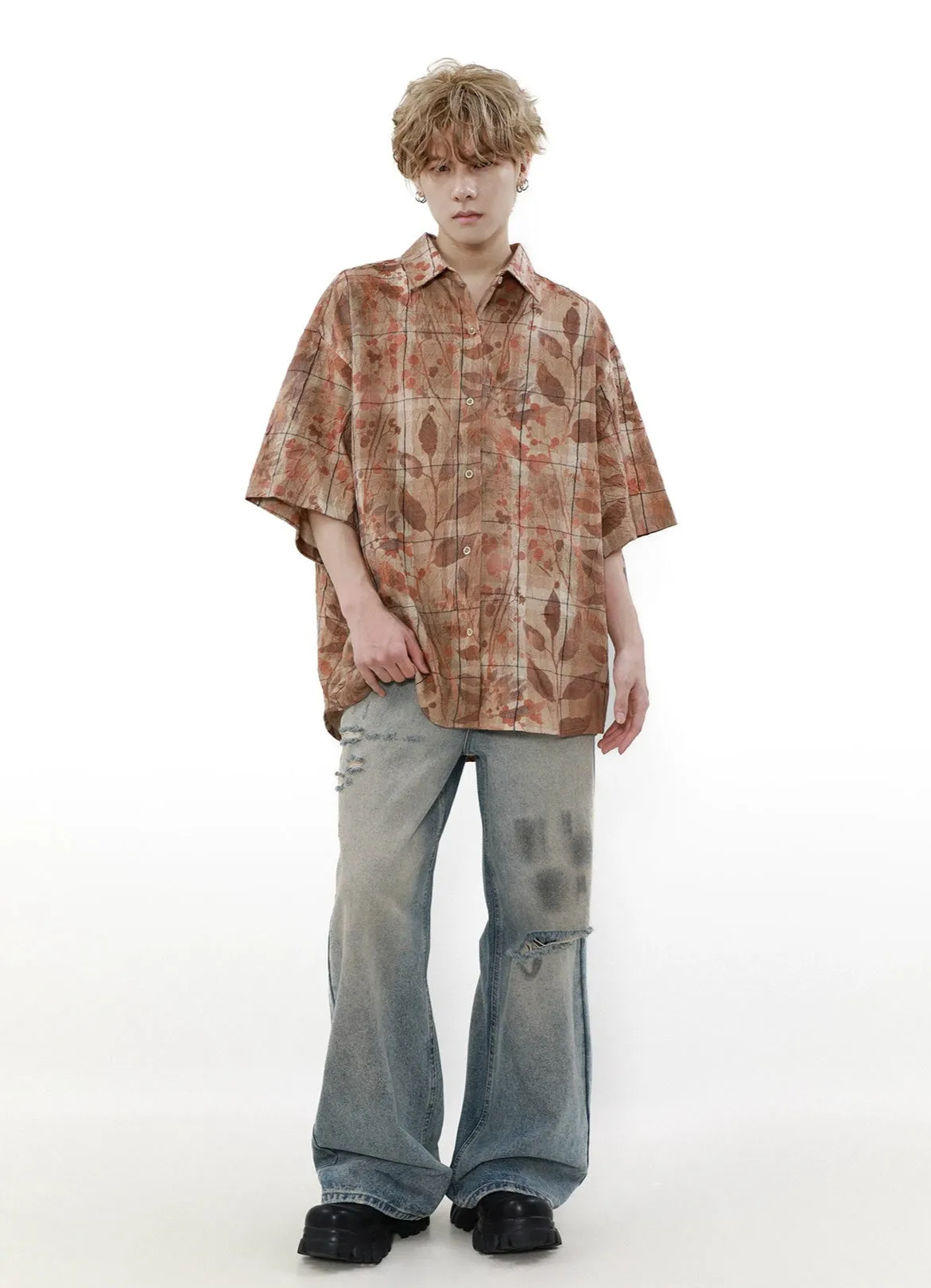Checkered Leaf Print Oversized Short Sleeve Button Shirt