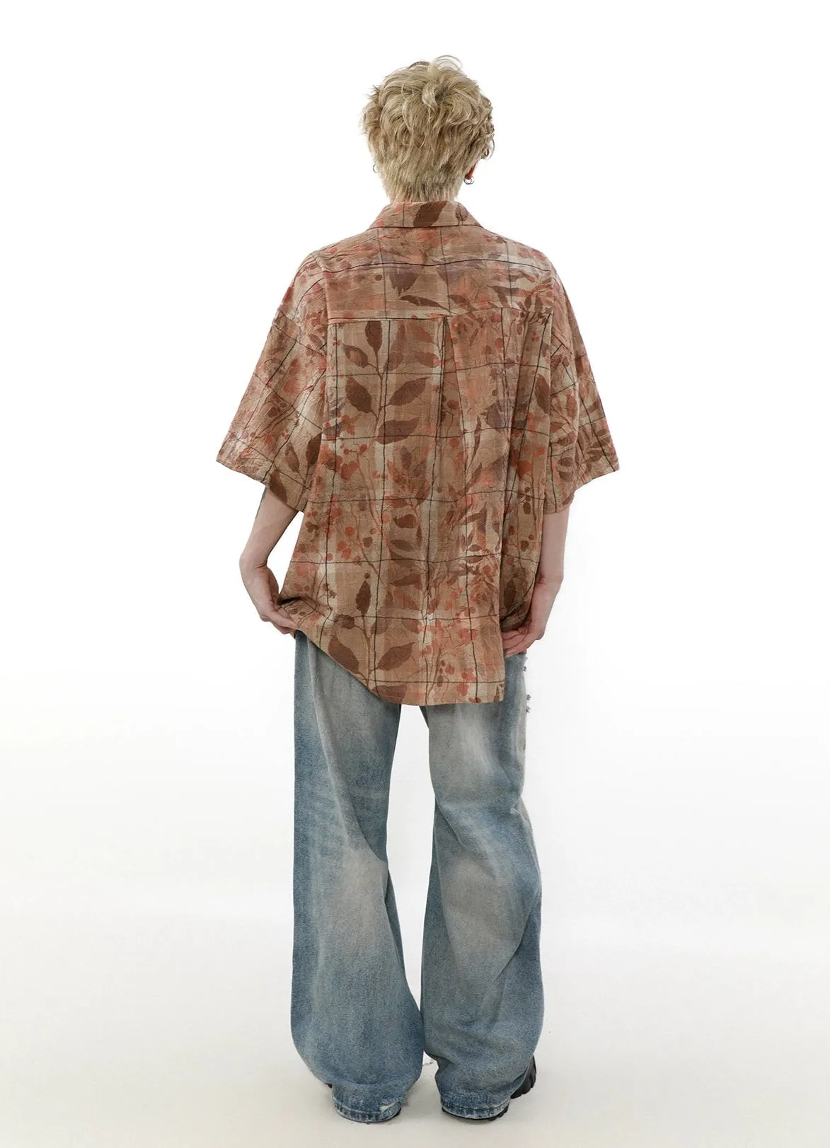 Checkered Leaf Print Oversized Short Sleeve Button Shirt