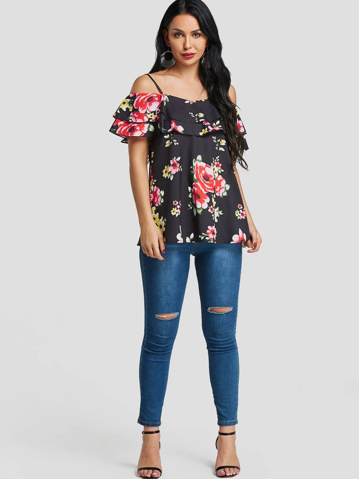 Custom Cold Shoulder Floral Print Tiered Short Sleeve T-Shirts