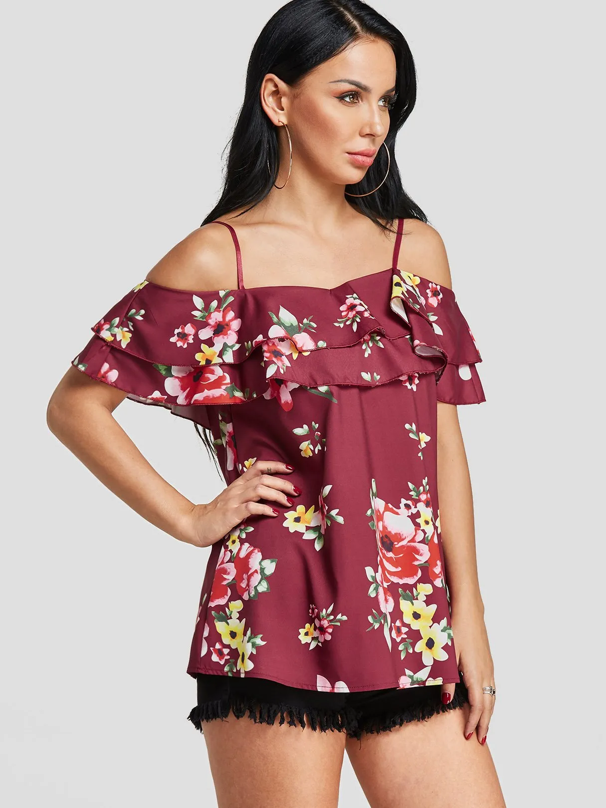Custom Cold Shoulder Floral Print Tiered Short Sleeve T-Shirts