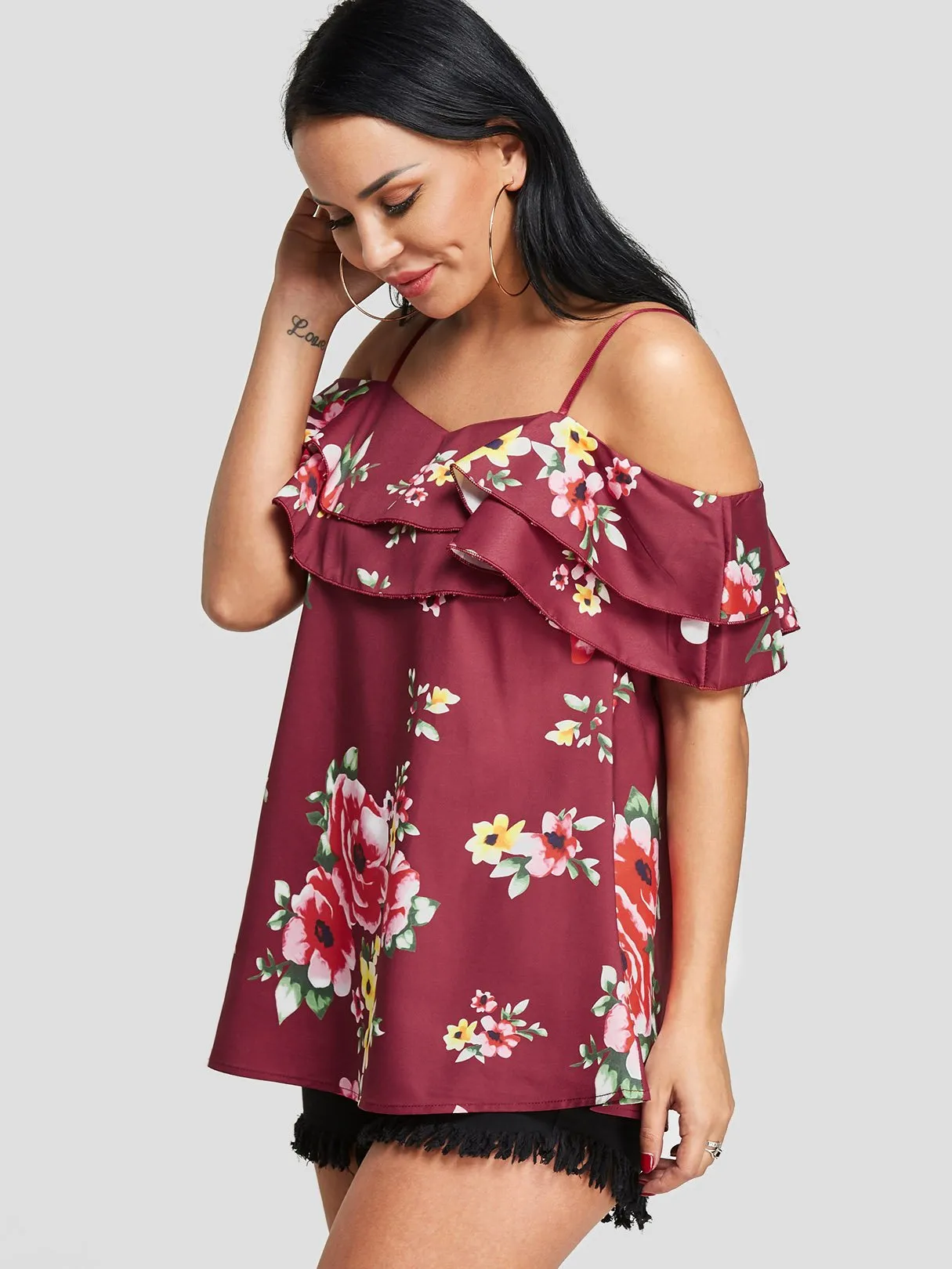 Custom Cold Shoulder Floral Print Tiered Short Sleeve T-Shirts