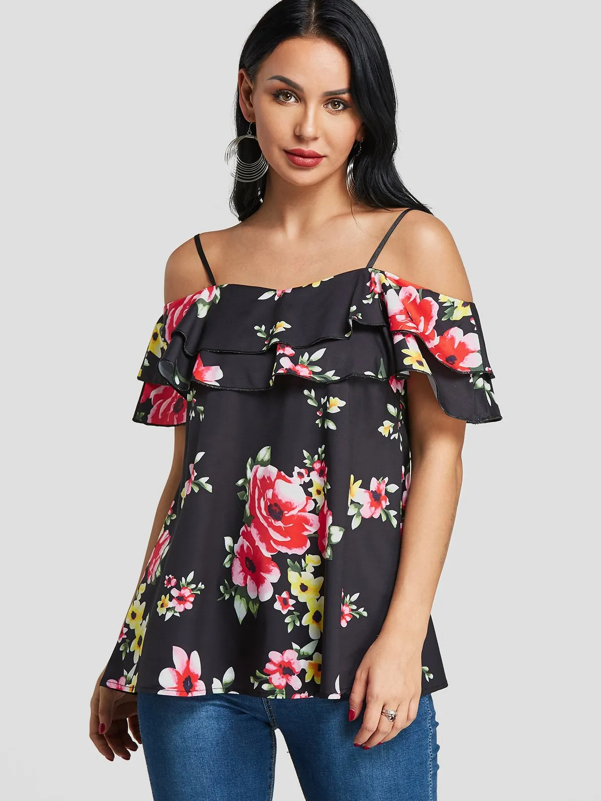 Custom Cold Shoulder Floral Print Tiered Short Sleeve T-Shirts