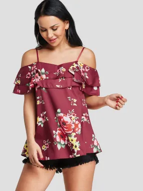 Custom Cold Shoulder Floral Print Tiered Short Sleeve T-Shirts