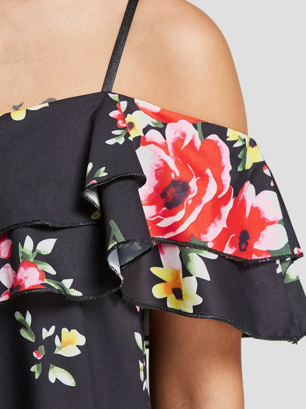 Custom Cold Shoulder Floral Print Tiered Short Sleeve T-Shirts