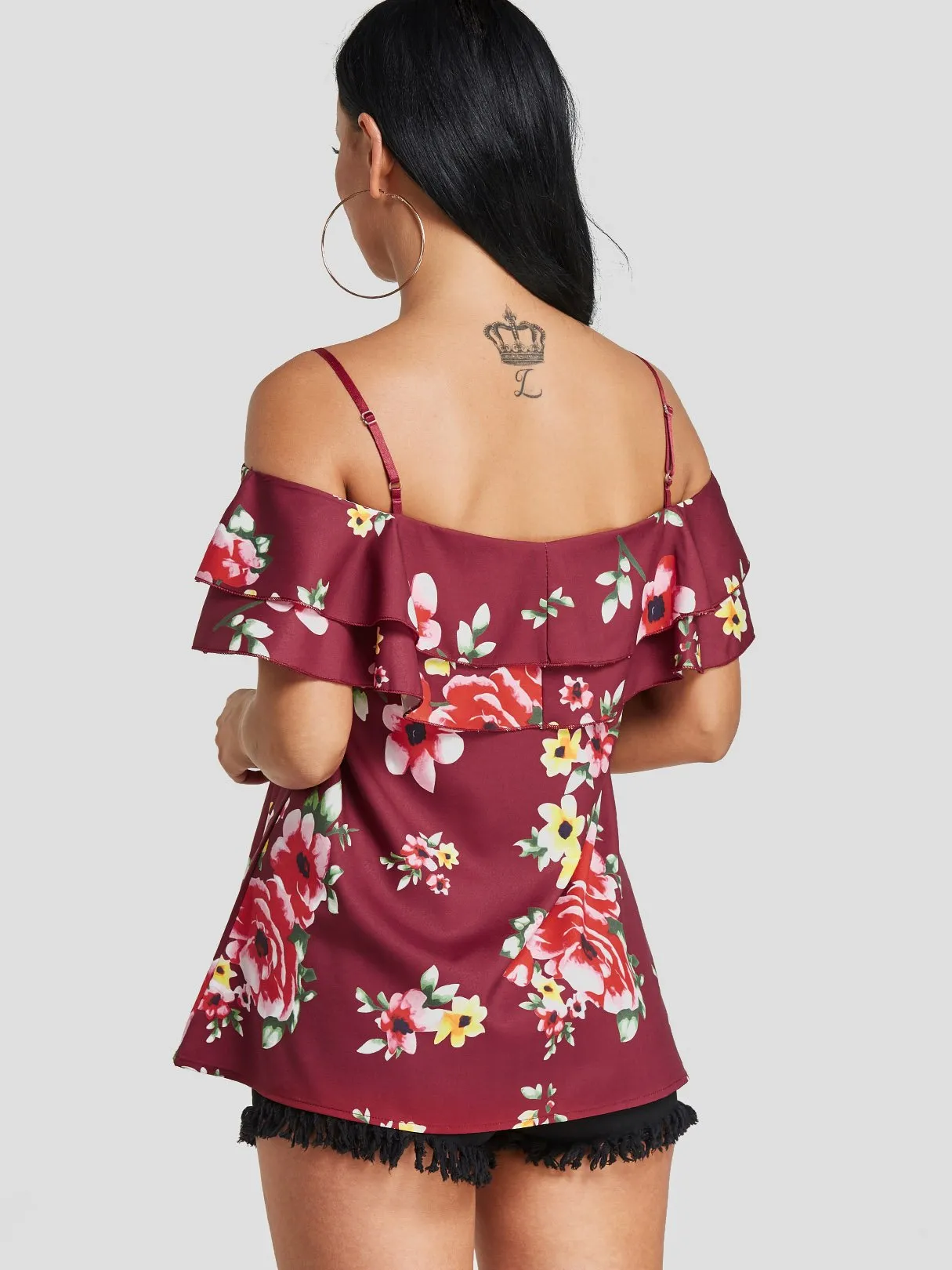 Custom Cold Shoulder Floral Print Tiered Short Sleeve T-Shirts