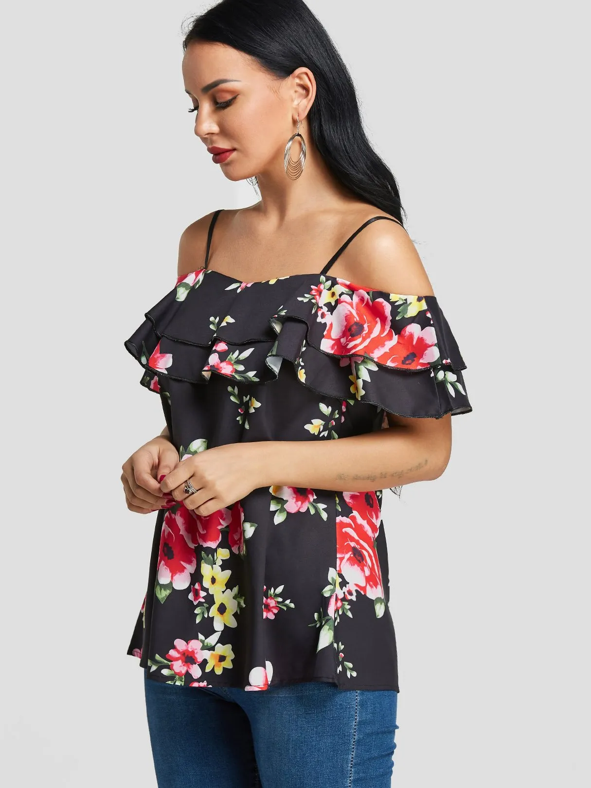 Custom Cold Shoulder Floral Print Tiered Short Sleeve T-Shirts