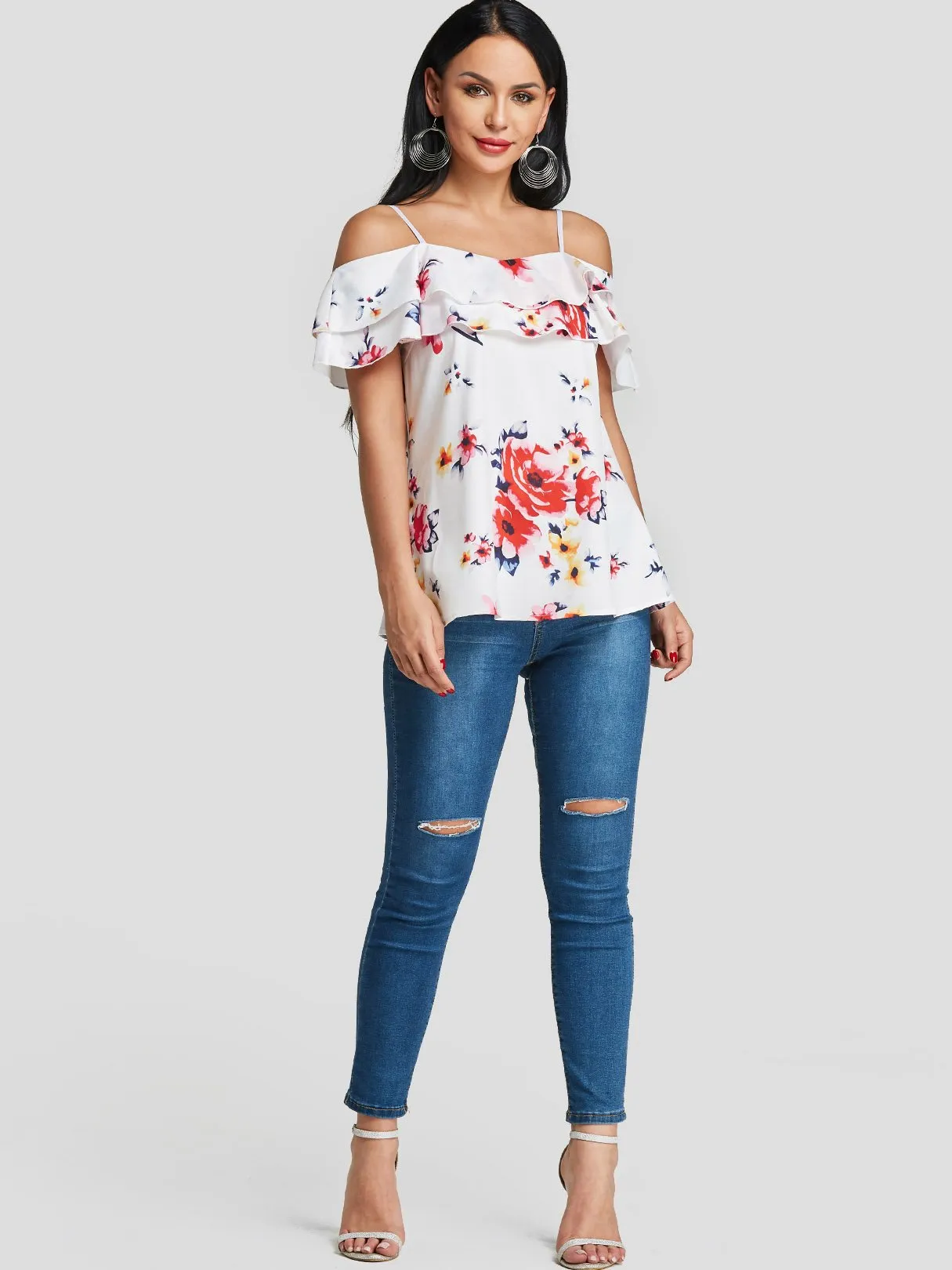 Custom Cold Shoulder Floral Print Tiered Short Sleeve T-Shirts