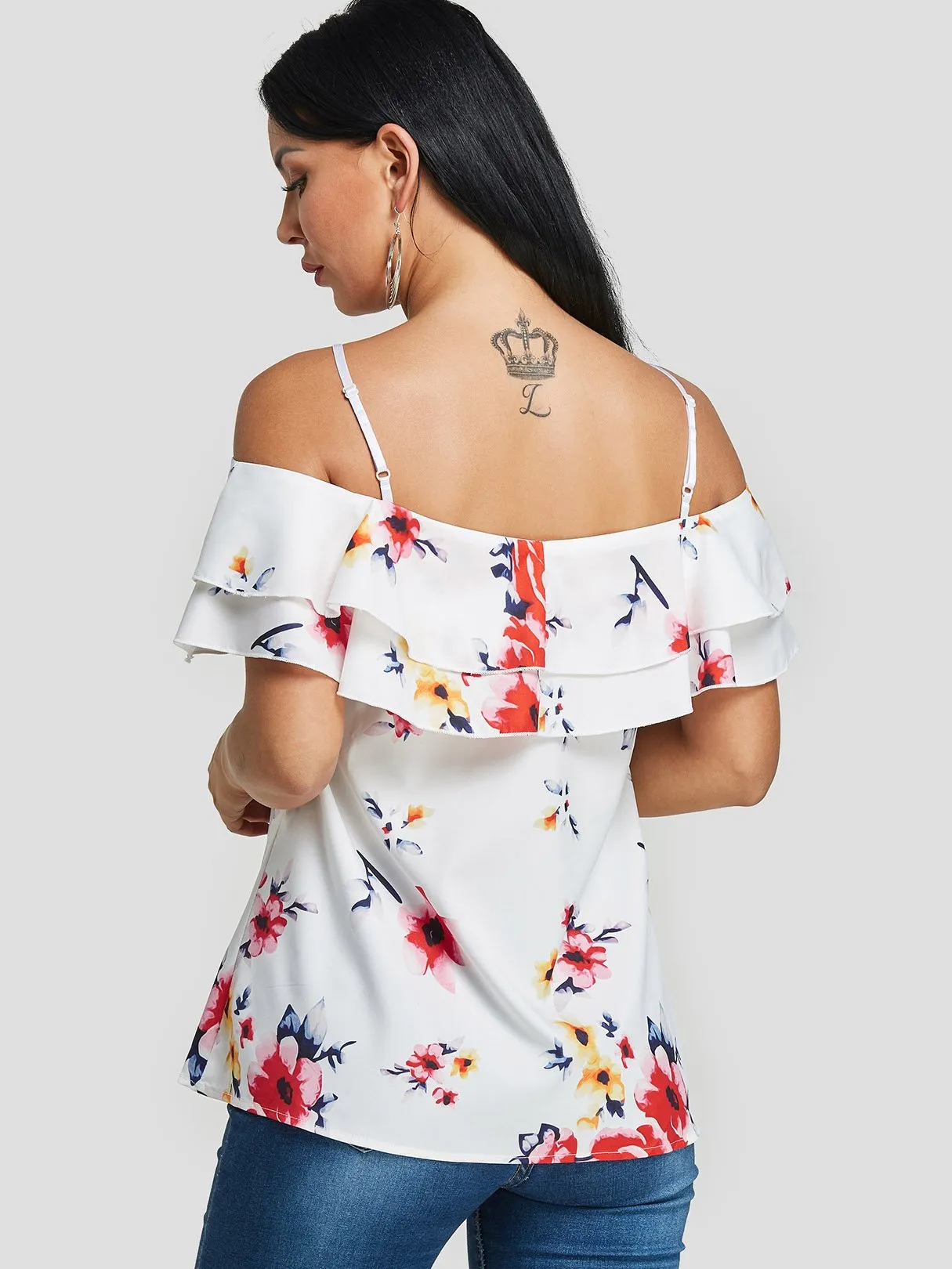 Custom Cold Shoulder Floral Print Tiered Short Sleeve T-Shirts