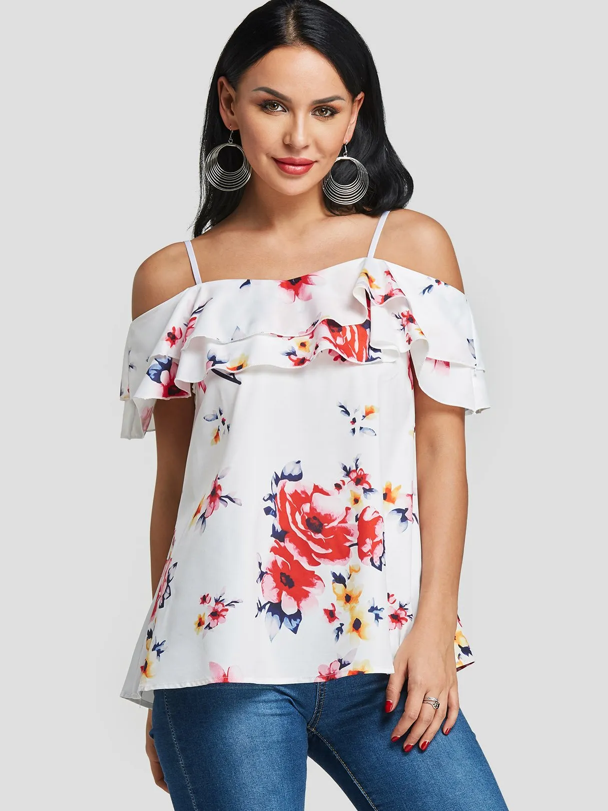 Custom Cold Shoulder Floral Print Tiered Short Sleeve T-Shirts