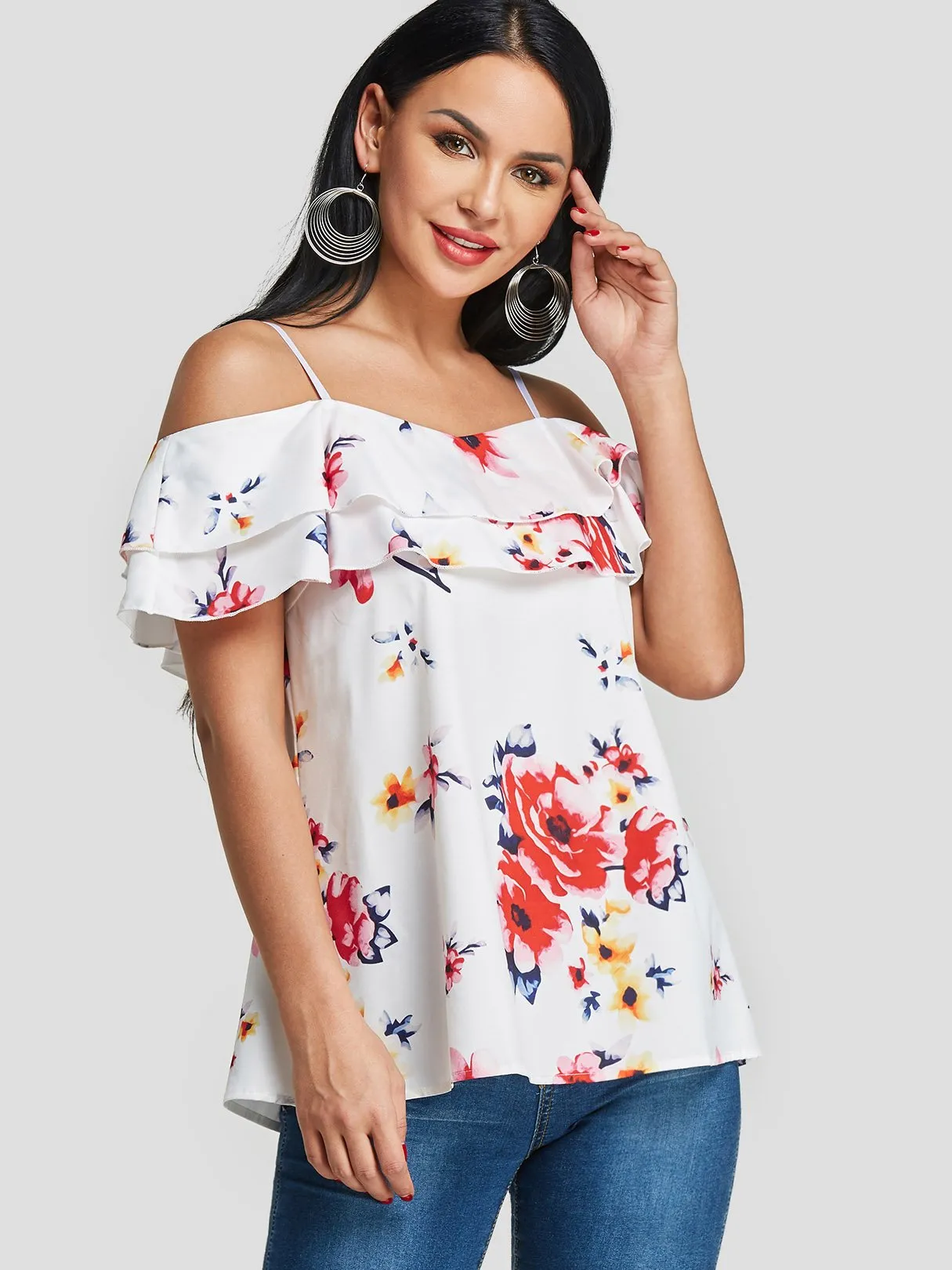Custom Cold Shoulder Floral Print Tiered Short Sleeve T-Shirts