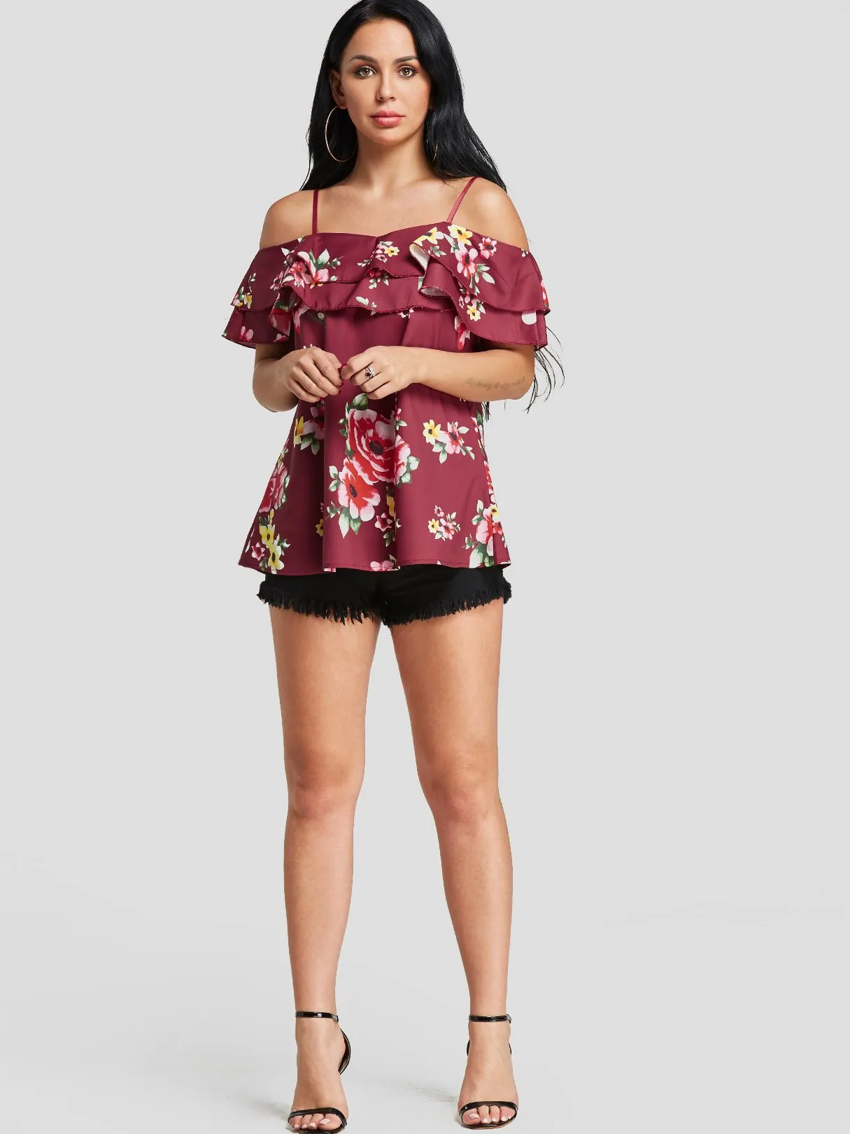Custom Cold Shoulder Floral Print Tiered Short Sleeve T-Shirts