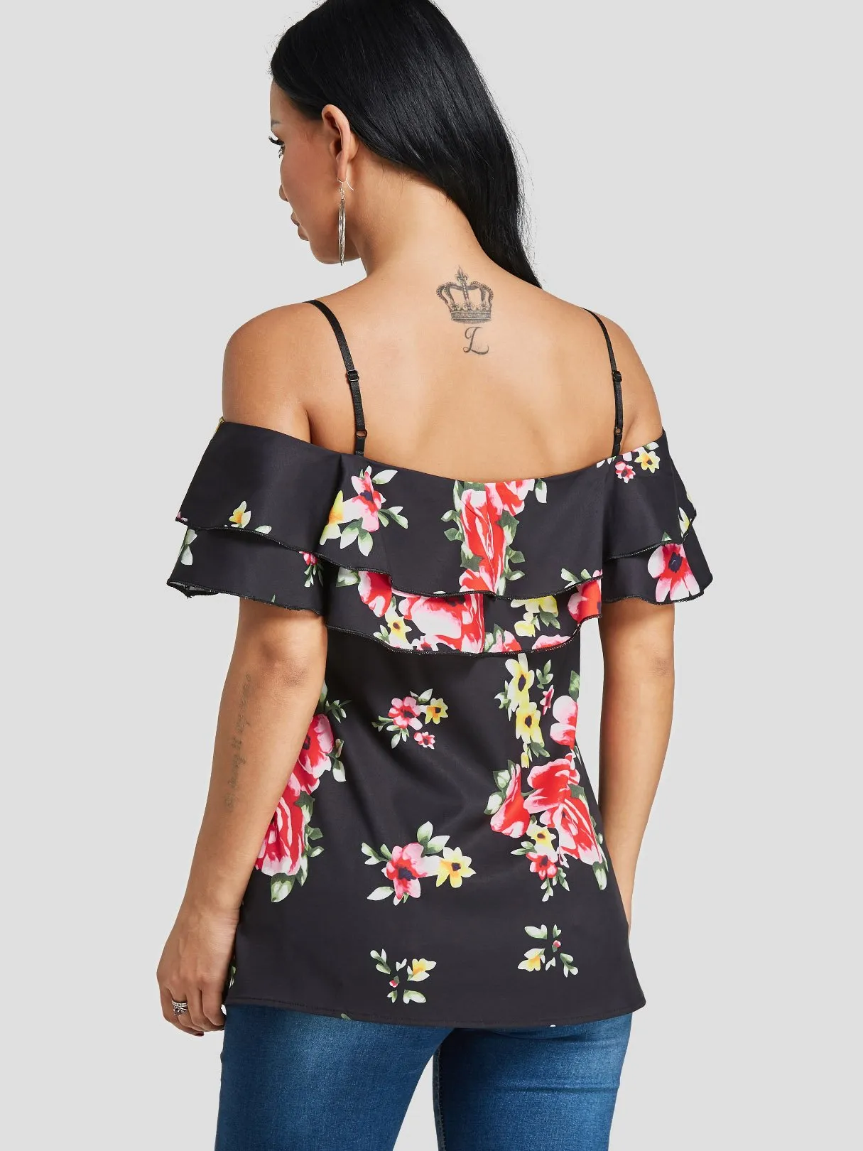 Custom Cold Shoulder Floral Print Tiered Short Sleeve T-Shirts