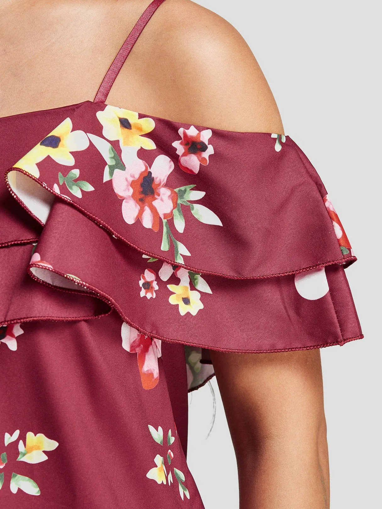 Custom Cold Shoulder Floral Print Tiered Short Sleeve T-Shirts