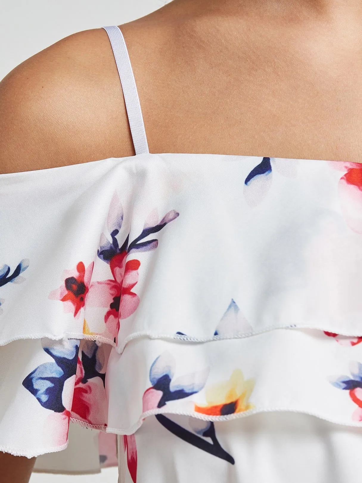 Custom Cold Shoulder Floral Print Tiered Short Sleeve T-Shirts