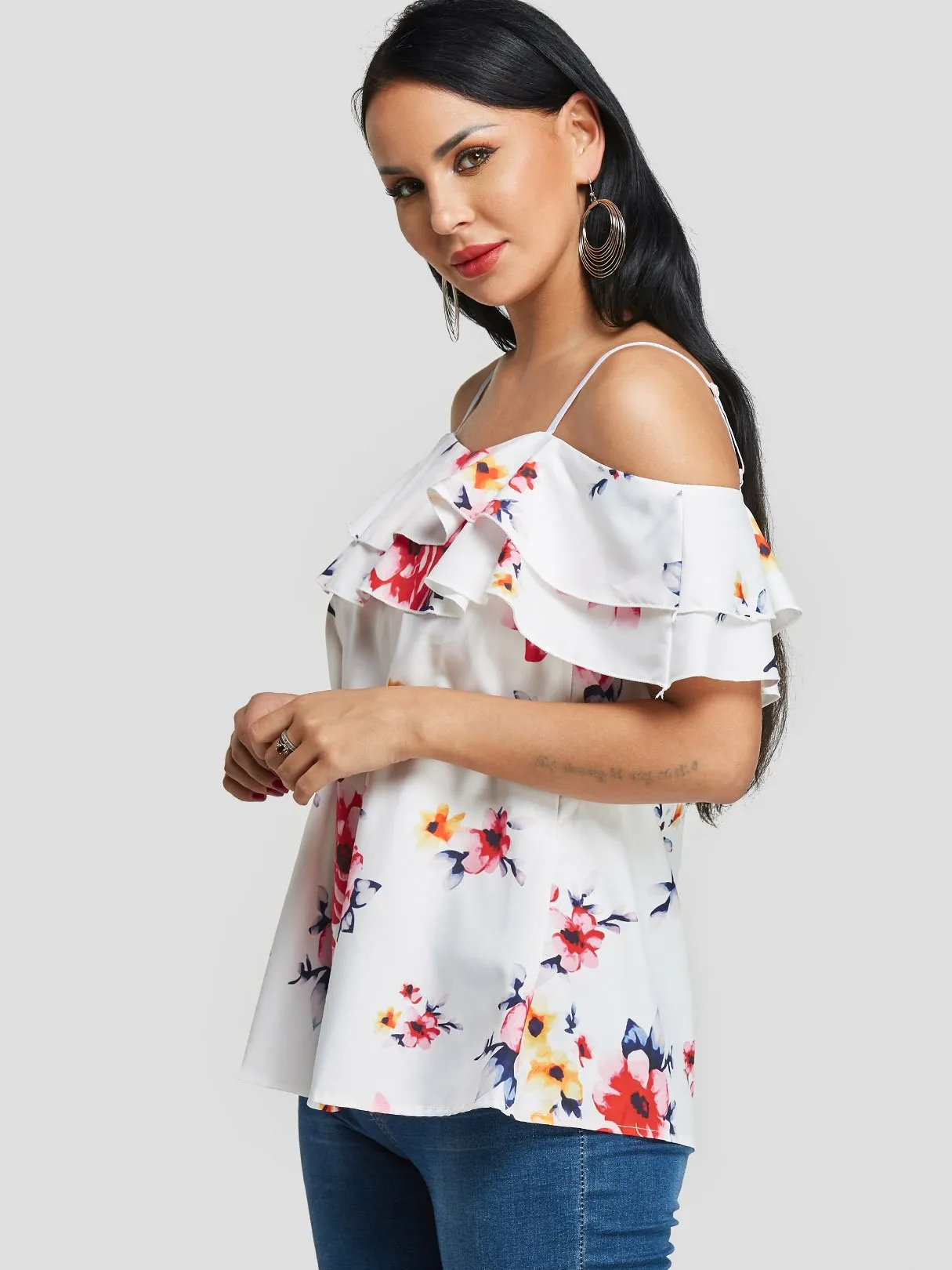 Custom Cold Shoulder Floral Print Tiered Short Sleeve T-Shirts