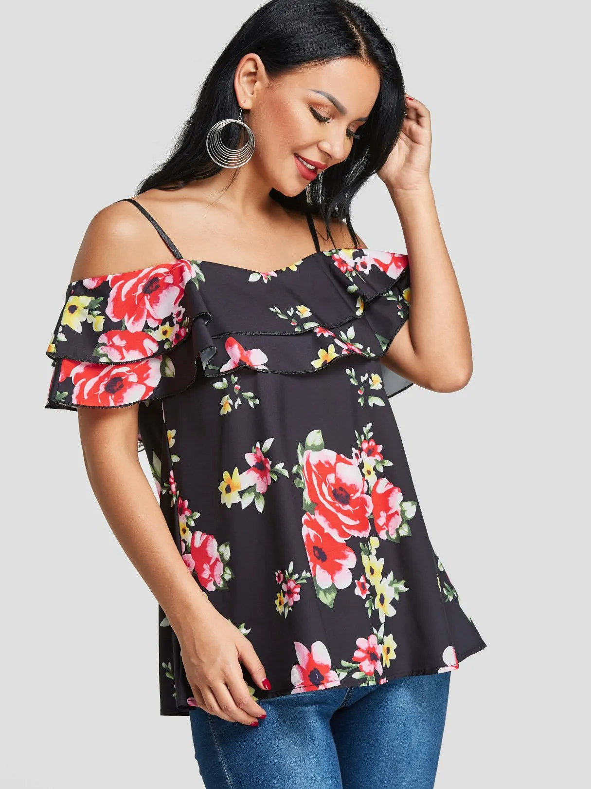 Custom Cold Shoulder Floral Print Tiered Short Sleeve T-Shirts