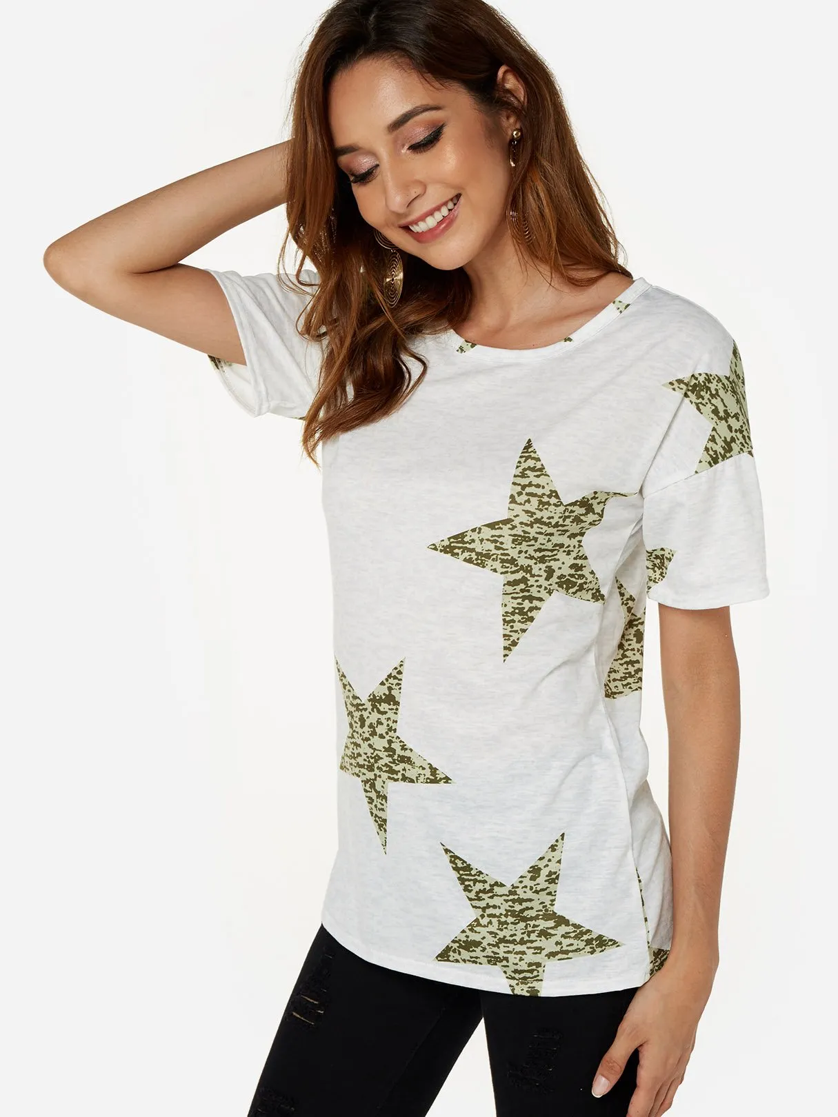 Custom Crew Neck Star Short Sleeve Army Green T-Shirts