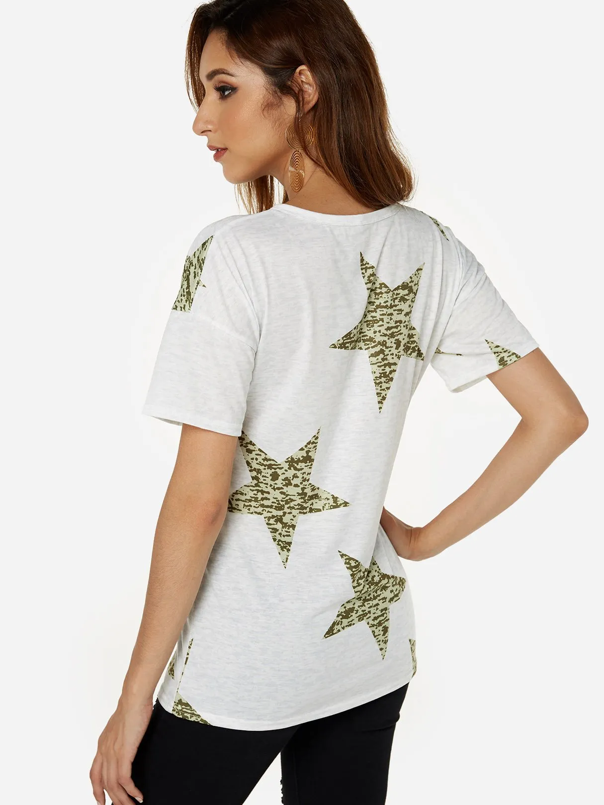 Custom Crew Neck Star Short Sleeve Army Green T-Shirts